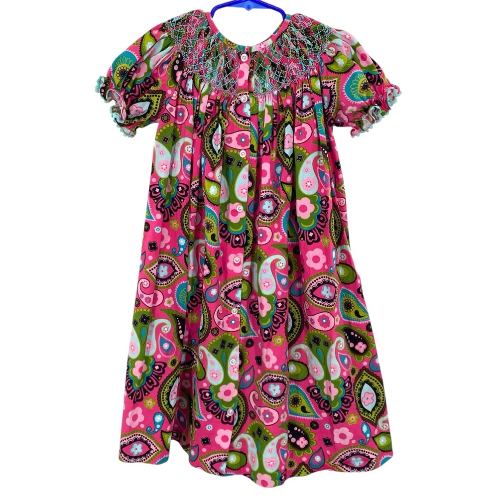 Three Sisters Colorful Paisley Smocked Bishop Cotton Dress - Picture 6 of 8